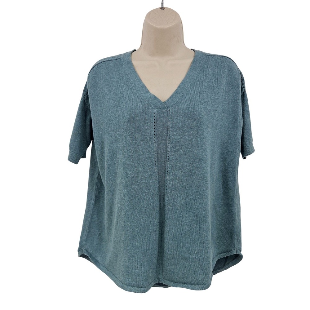 Garnet‎ Hill Sweater Womens Small Blue Linen Organic Cotton Short Sleeve V-Neck